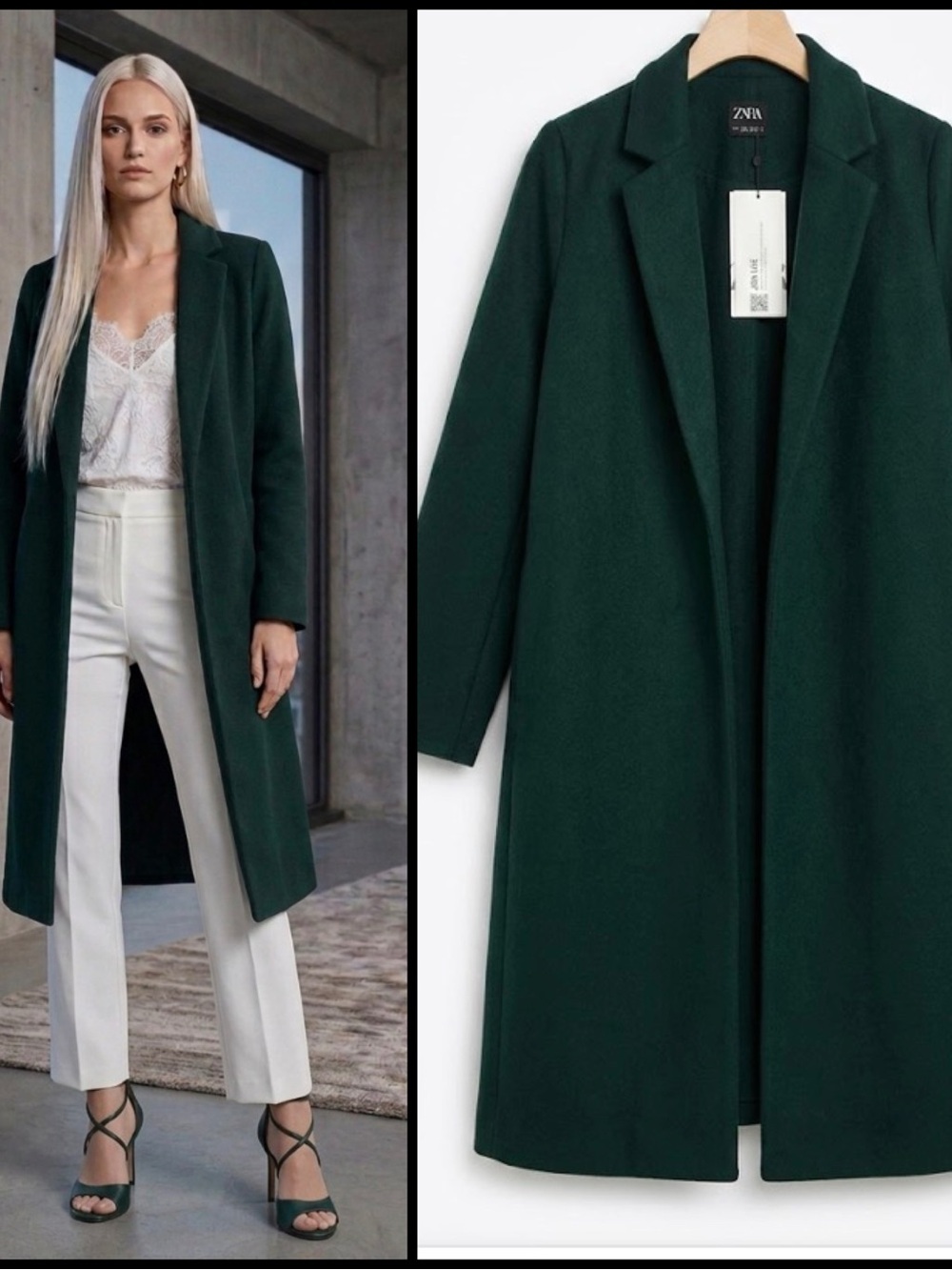 Zara Forest Green Open Front Notch Lapel Midi Menswear Style Structured Coat L